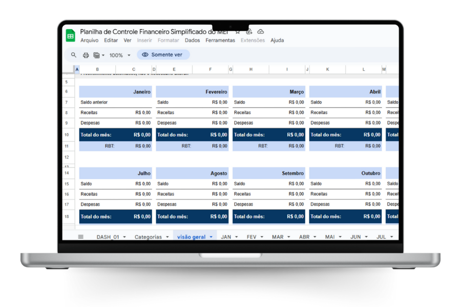 notebook apresentando planilha financeira do MEI